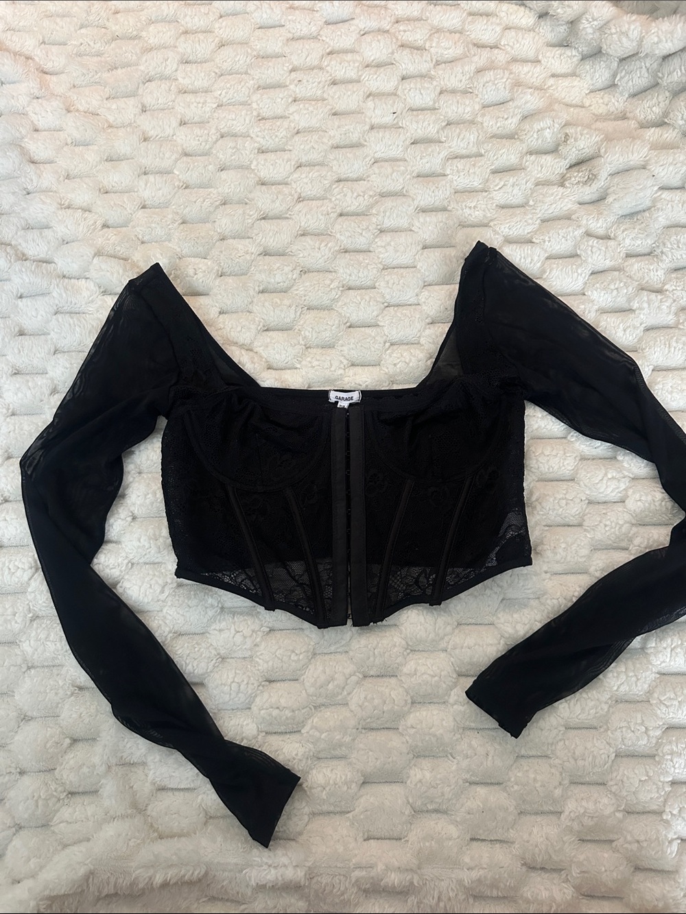 Garage Black Lace Corset Crop Top with Sheer Long Sleeves